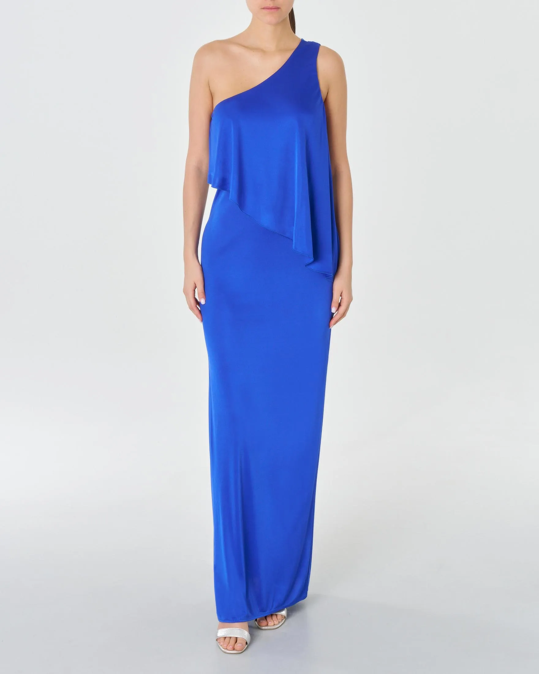 Abito lungo monospalla blu China aderente in jersey shiny con maxi volant sullo scollo