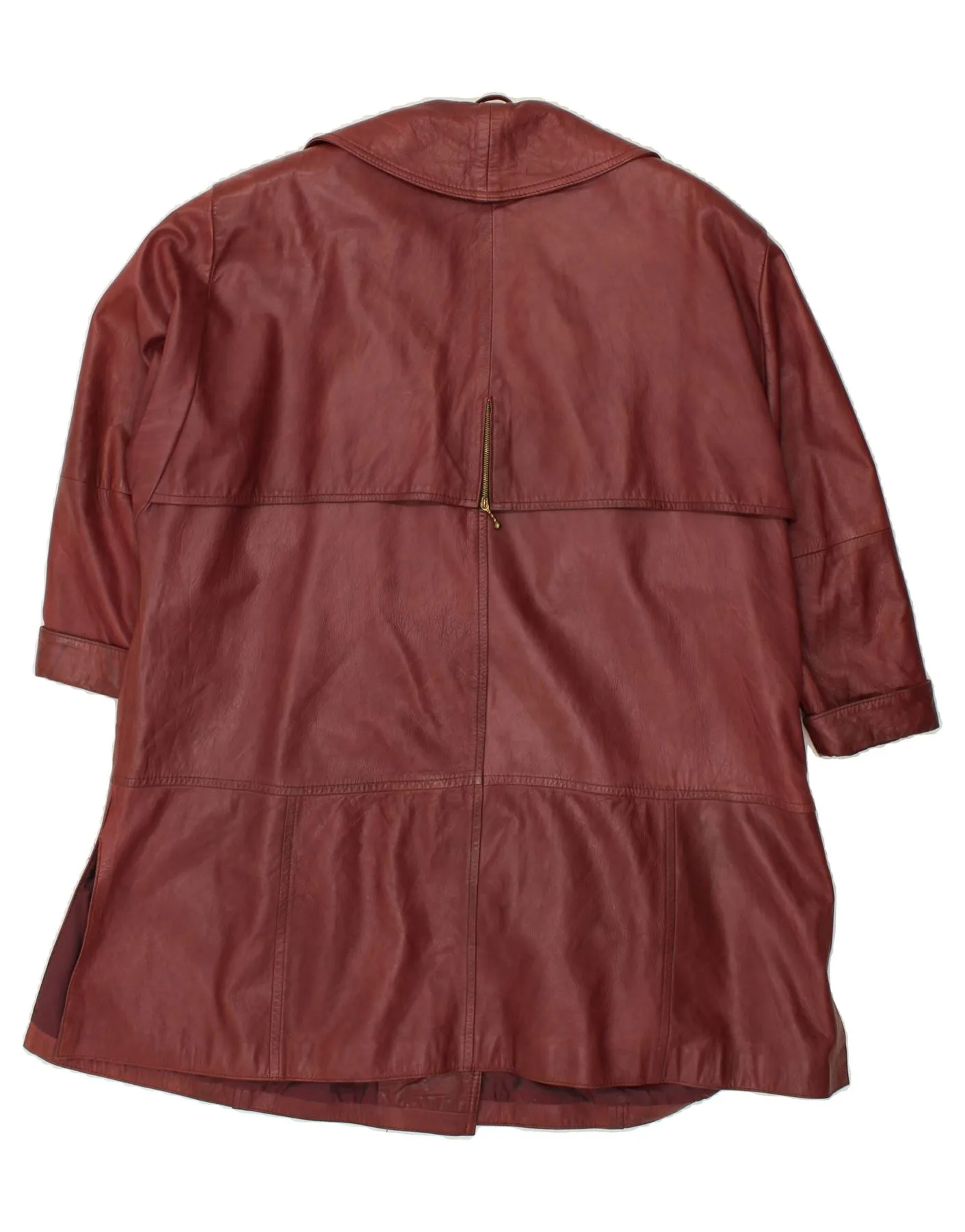 VINTAGE Womens Leather Overcoat UK 14 Medium Burgundy Leather
