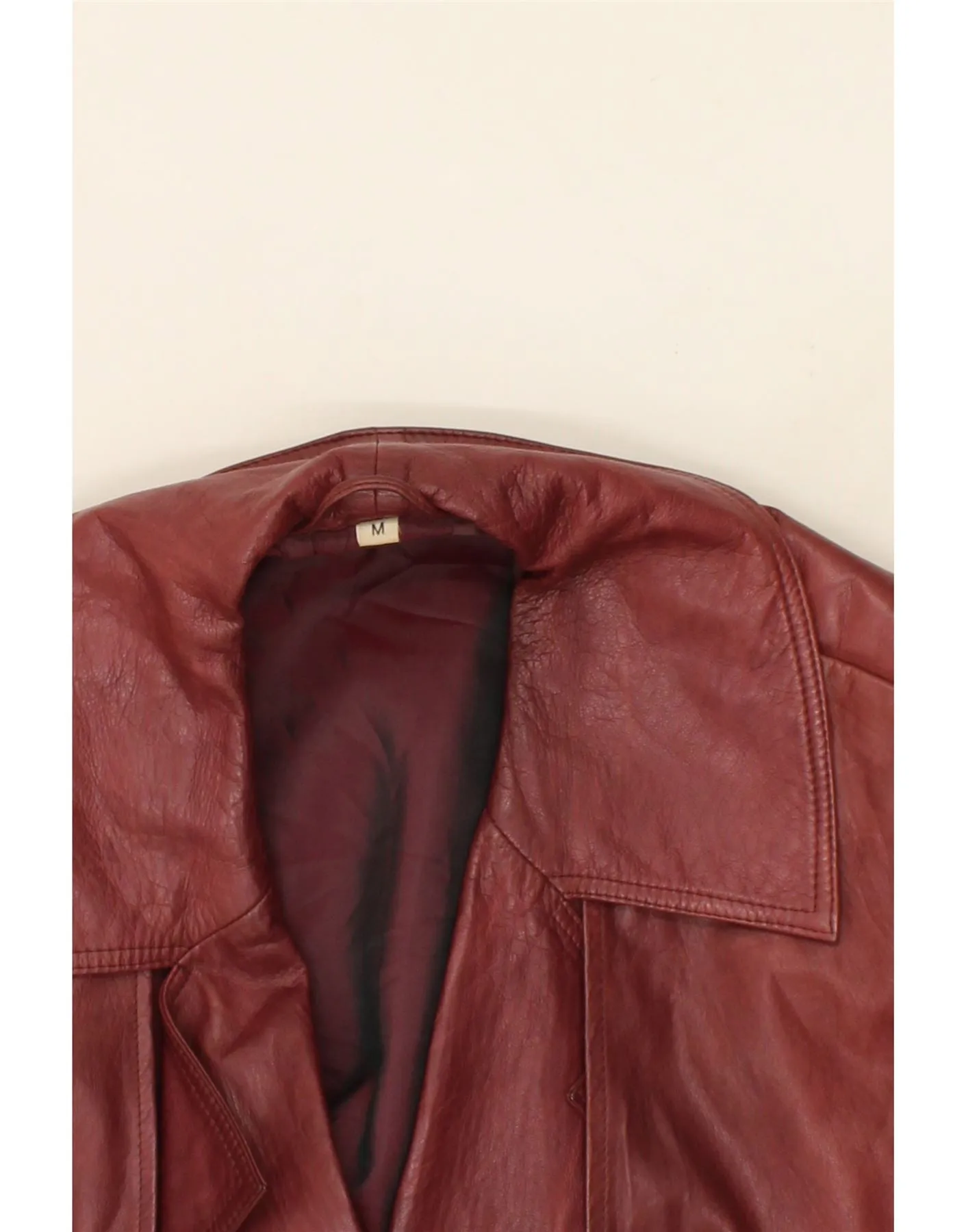 VINTAGE Womens Leather Overcoat UK 14 Medium Burgundy Leather